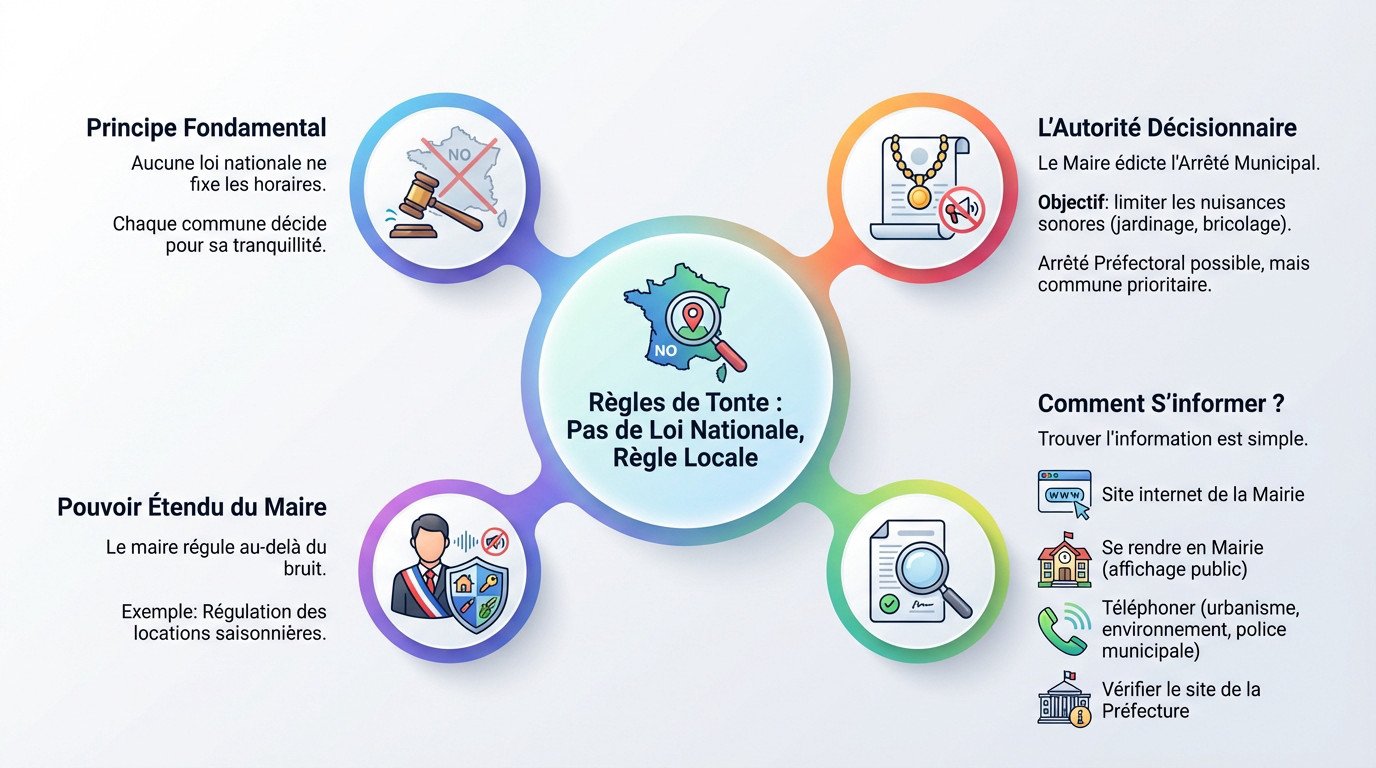 Illustration d'un jardinier respectant les horaires de tonte fixés par <strong>arrêté municipal</strong>