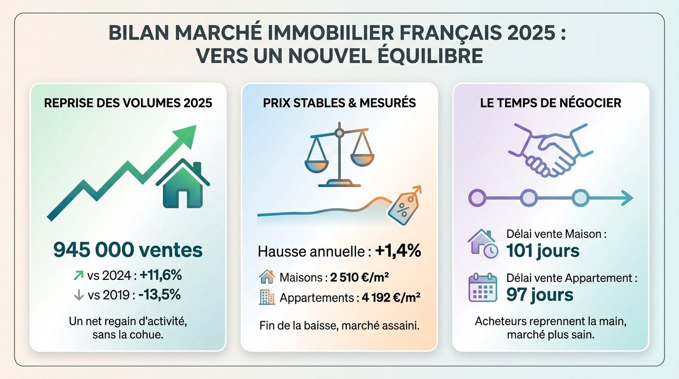 Graphique illustrant la reprise des volumes de transactions et la stabilisation des prix immobiliers en France en 2025
