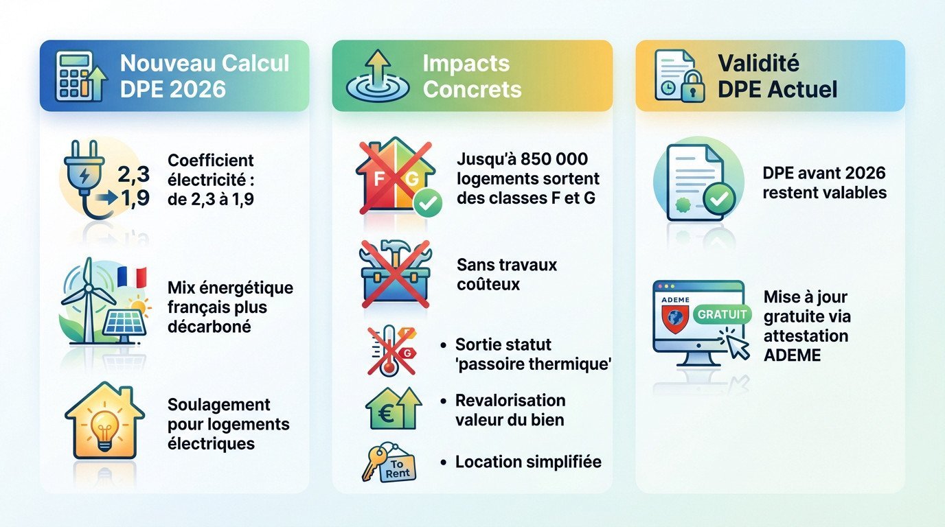 Infographie expliquant le nouveau calcul du DPE 2026 et ses impacts sur les passoires thermiques
