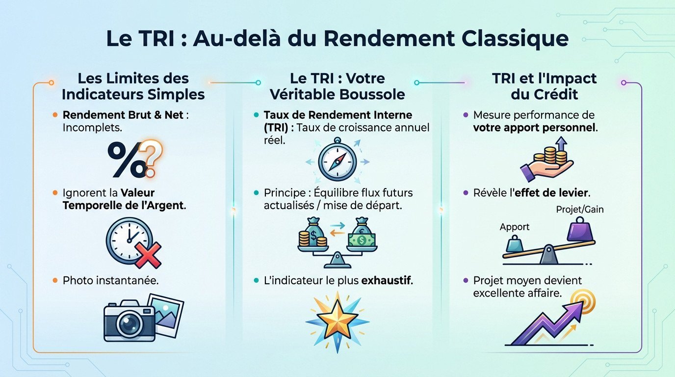 Graphique illustrant la différence entre rendement locatif classique et Taux de Rendement Interne (TRI) sur la durée