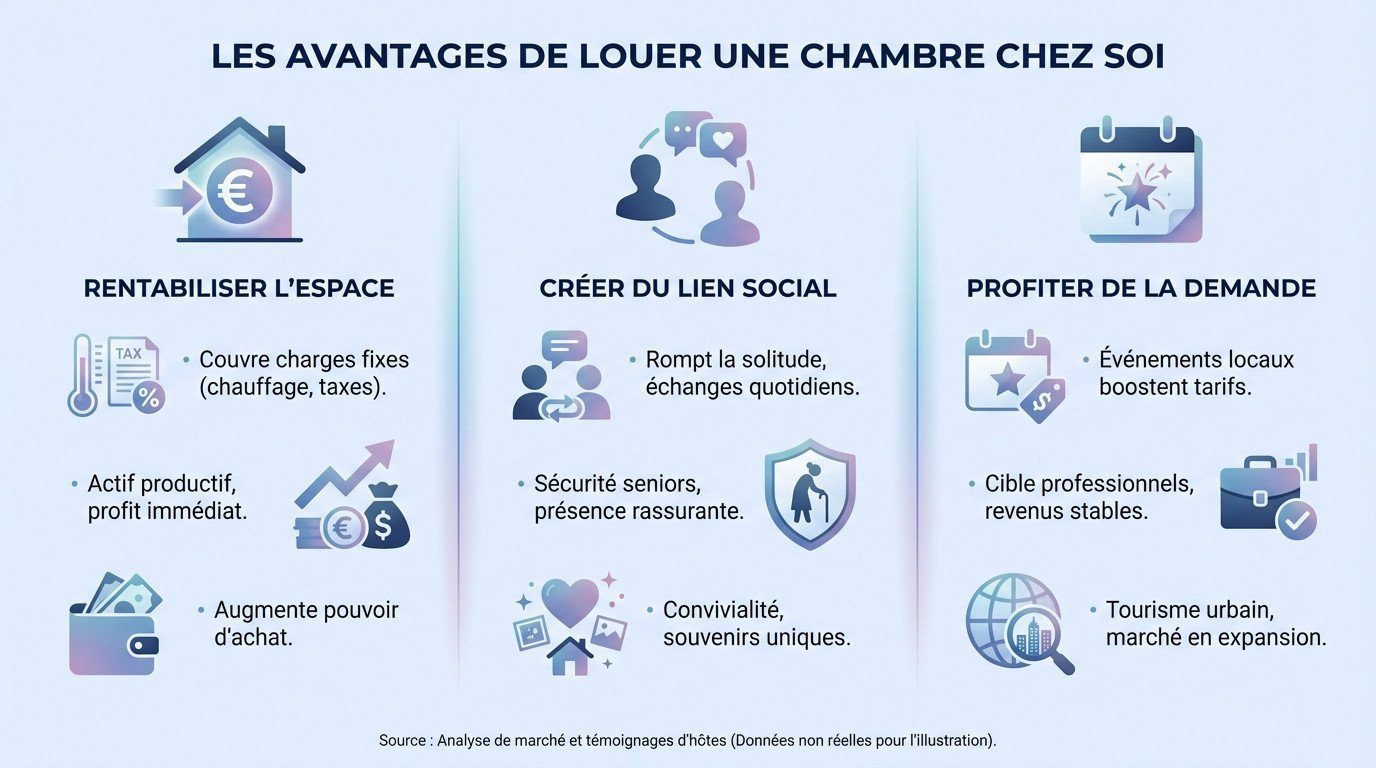 Une propriétaire souriante proposant de louer une chambre chez l'habitant pour valoriser son patrimoine